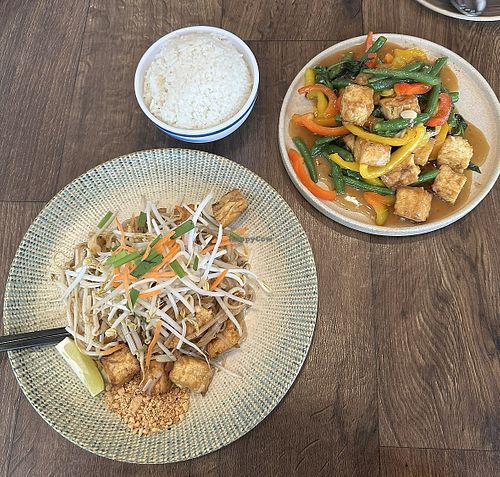 Pad Thai, pad ka pao and side of coconut rice  at Siam Le Bien Thai Cuisine in Burnaby