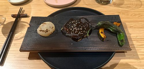 Miso glazed eggplant with daikon, squash and shishito at Takibi | Japanese Restaurant in Portland