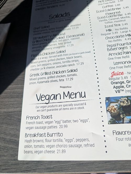 Vegan menu section at Biscuits Café in West Linn