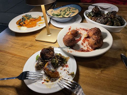 Vegan hush puppies, Brussels, soup, and sweet potato  at Vue Wadsworth in Wadsworth