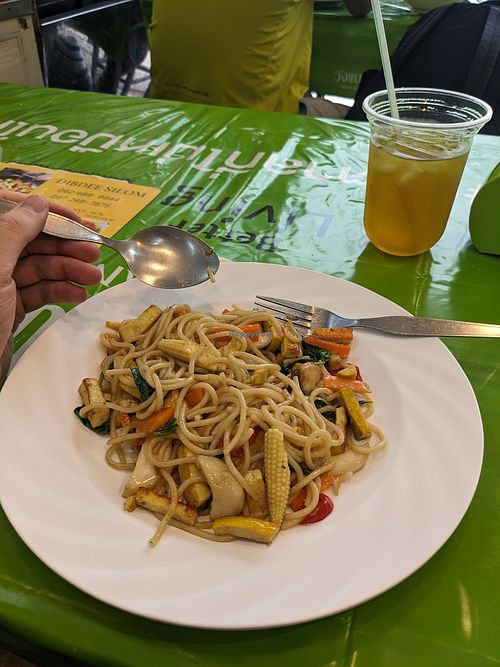 Vegan noodles with mixed veg and tofu at DIBDEE Si Lom in Bangkok