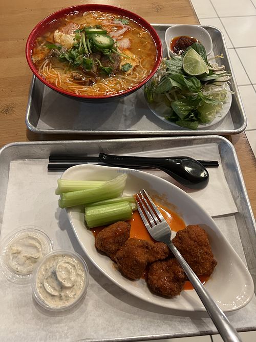 Spicy pho and cauliflower wings   at Hallo Vegan in Morrow