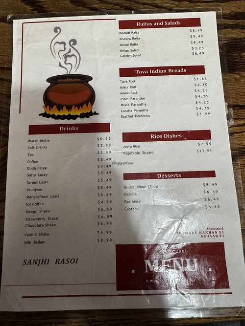 Menu  at Sanjhi Rasoi in Brampton