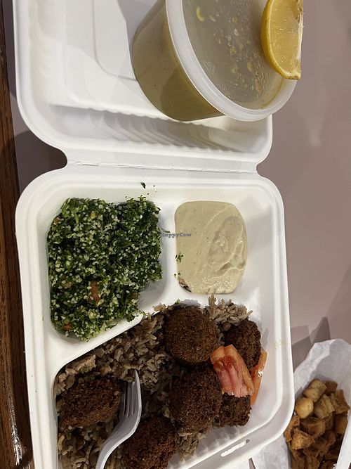 Lentil Soup, tabouli, baba ganoush, and mujadara.  at Balila Kitchen in Zanesville