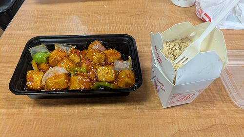 Orange tofu + rice at Good China Star in Yucca Valley