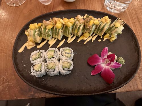 Mango Me Crazy roll (sub vegan spicy mayo), avocado roll with crunch  at Saku Hoboken in Hoboken