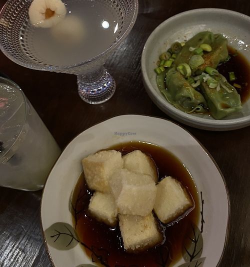 Vegan gyoza ant the agedashi tofu  at Birdman Ramen in Chicago