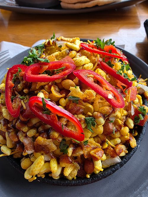 Bombay Bhel with crispy chickpea noodles and chutney at Route 7 Brewing in Ashburn
