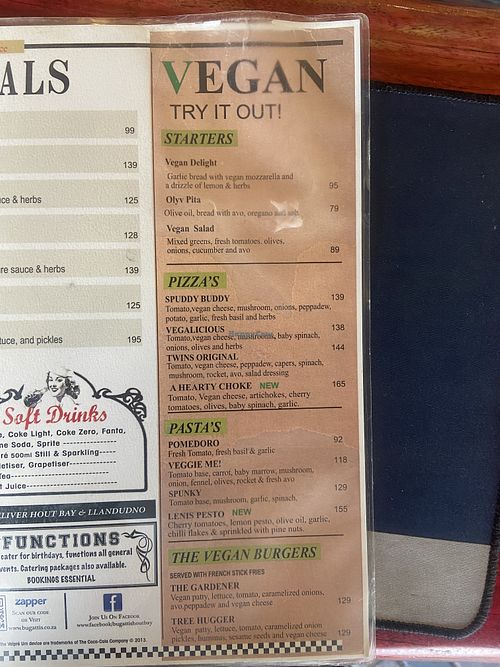 Menu  at Bugattis in Cape Town
