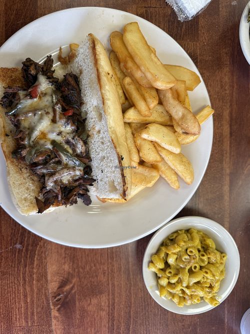 Mushroom grinder with Mac and cheese(be sure to get this)  at Ike's Vegan Barbecue in Cincinnati