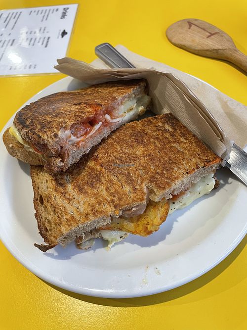Vegan All Day Breakfast Sourdough Toastie (with vegan sausage, vegan cheese, & hashbrown)  at The Flying Saucer in Brighton