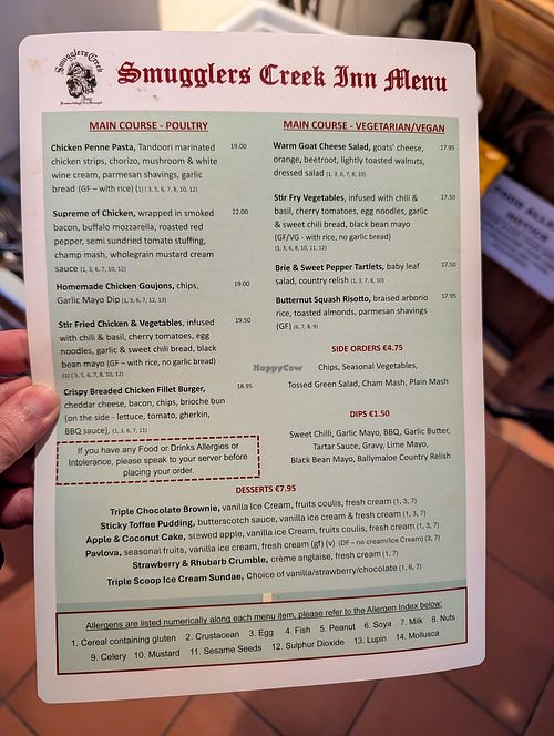 Menu at Smugglers Creek Inn in Donegal