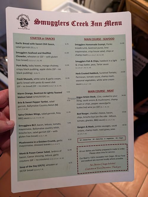 Menu at Smugglers Creek Inn in Donegal