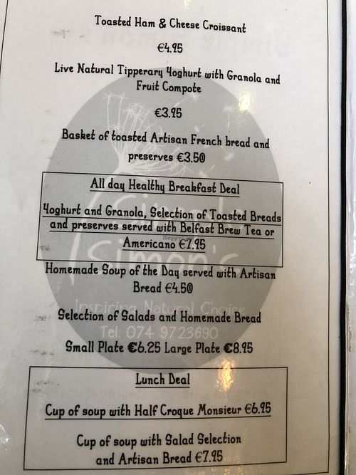 Menu at Simple Simon in Donegal
