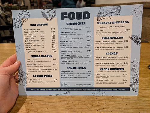 Food Menu. £6 don't have to be paid if you only go there to eat and not to play board games (note at the bottom) at Dice Board Game Lounge in Portsmouth