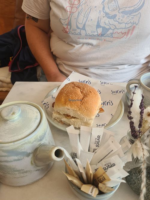 vegan tattie scone and sausage breakfast roll at Shen's Cafe in Stornoway
