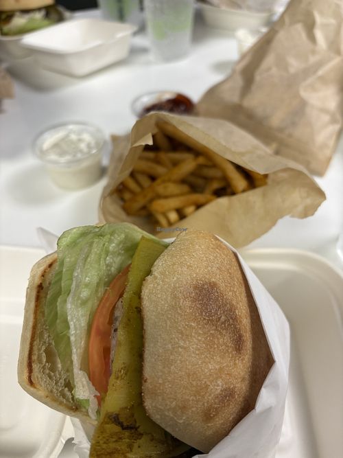Vegan burger and fries   at Cool Cat Express in Lahaina