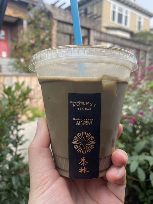 Hojicha Latte with Oat Milk (and lightly sweetened with maple)  at Forest Tea Bar in Berkeley