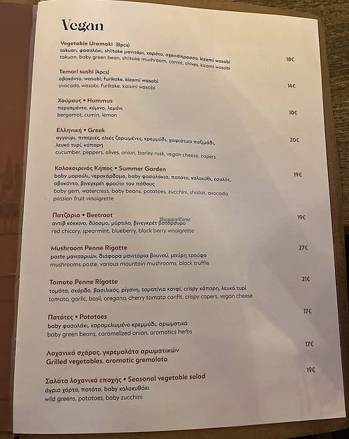 Vegan menu at Ronda Bar - Restaurant in Rhodes