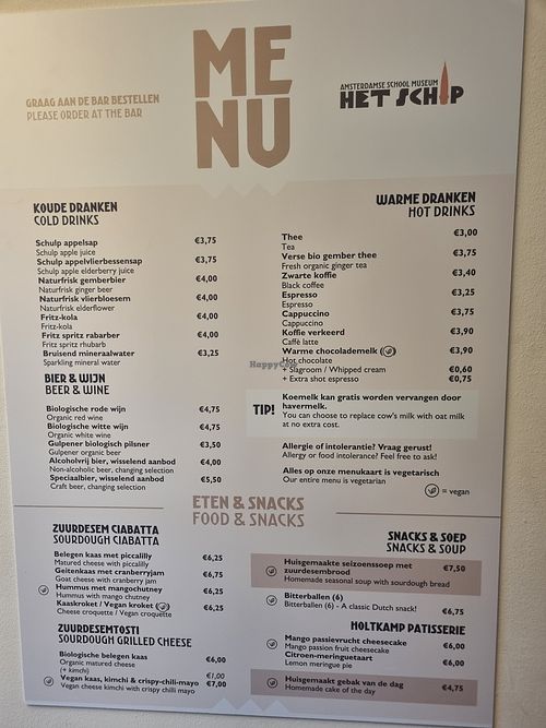 Menu at Museum Het Schip Cafe in Amsterdam