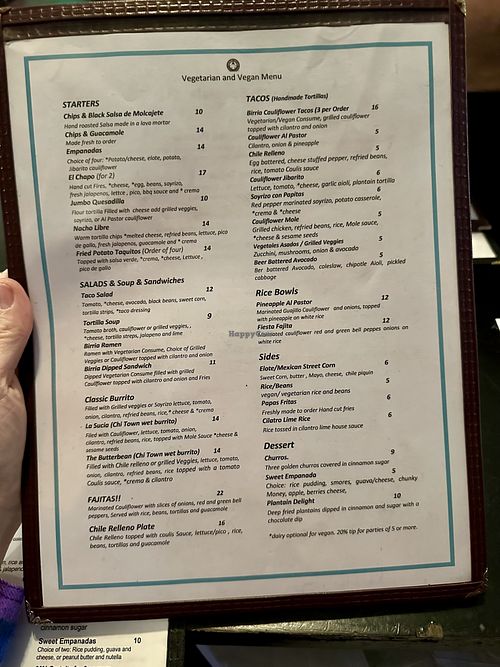 Vegetarian and vegan menu. Vegan, clarify no cheese or cream    at Tatas Tacos - Original Six Corners in Chicago