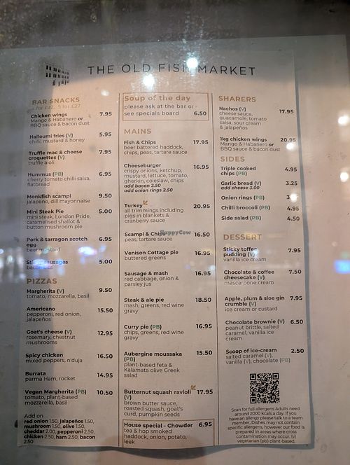 Menu at The Old Fish Market in Bristol