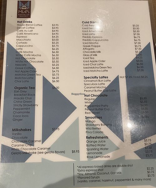 Drinks menu  at Mia's Brooklyn Bakery in New York City