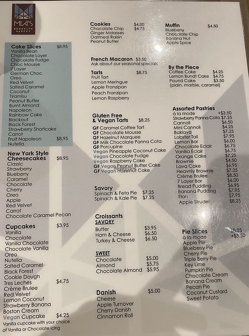 Food menu  at Mia's Brooklyn Bakery in New York City