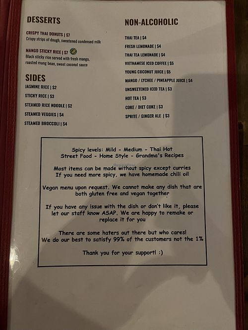separate vegan menu  at Tiki Garden Thai Street Food DC in Washington