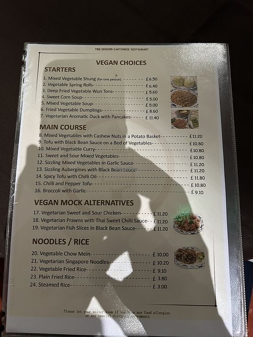 Vegan menu  at The Queens Cantonese Restaurant in Wolverhampton