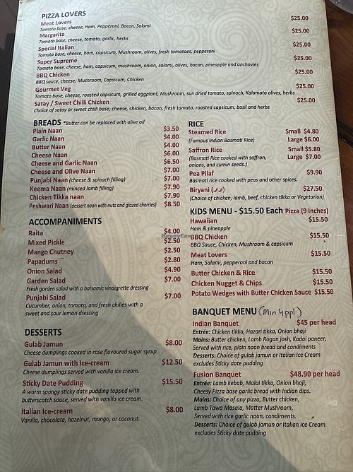 Menu  at Tikka TALIAN at The Wheatsheaf Inn in Gawler