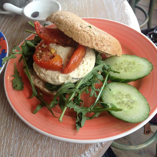 Wholewheat Spelt bagel + hummus + sun-dried tomatoes + rucola + cucumber at Bagels & Beans - Waterlooplein in Amsterdam