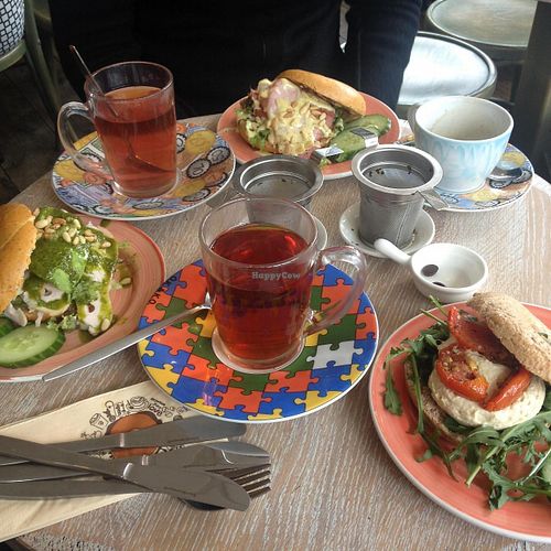 All our order - 3 bagels, 2 teas, 1 coffee at Bagels & Beans - Waterlooplein in Amsterdam
