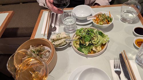 Mixed greens, dumplings and pickles at Clouds in Bristol