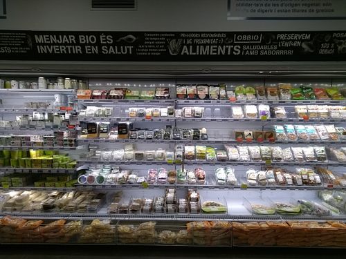 Fridge and meat substitutes at OBBIO Food in Barcelona