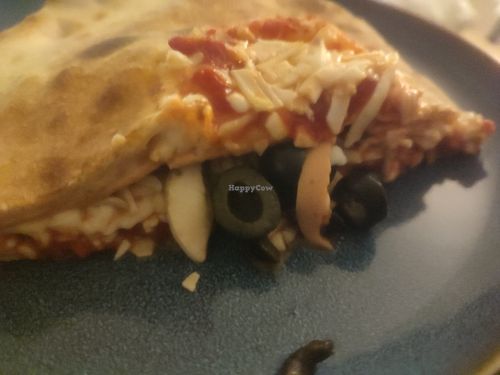 Vegan calzone filling (black olives, ham, mushroom) at Pizza Vera in Rugby