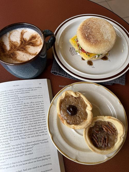 Chai latte, breakfast sandwich 🥪 & chocolate🍫/pecan tarts 🥧! ALL DELICIOUS!!  at Earth's Refillery Coop in Edmonton