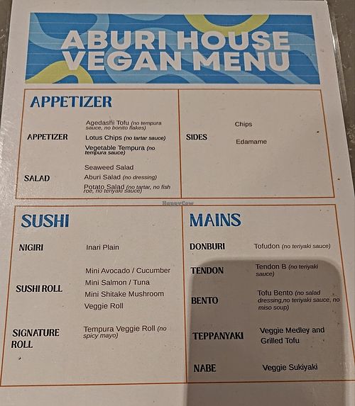 Vegan menu at Aburi House in Perth