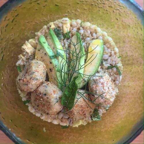 quinoa, baley, avocado and chickpea patty salad! at Casa e Bottega Positano in Positano