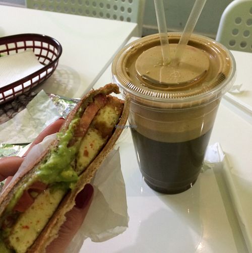 fabulous breakfast sandwich and green smoothie! at VLife in New York City