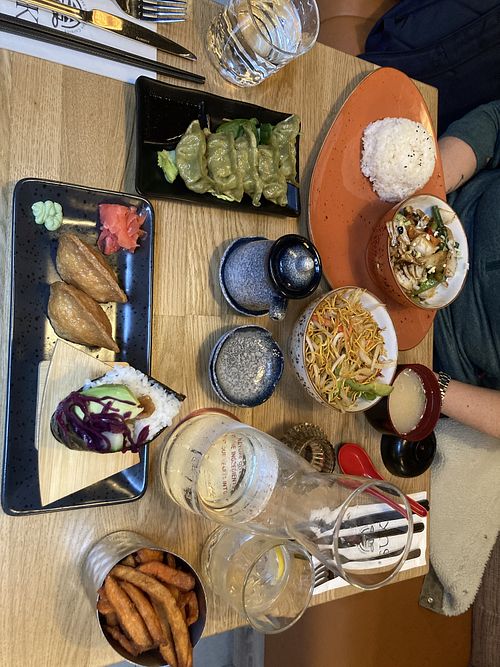 Black bean, miso soup, wok-fried noodles, yasai gyoza, inari nigiri, vegetable temaki  at Suki Japanese and Asian Cuisine in Cork