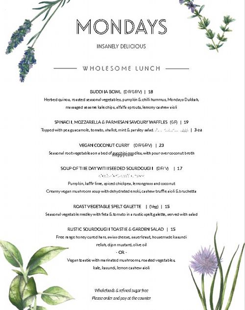 menu p2 at Mondays in Auckland