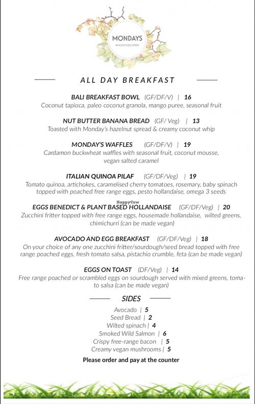 Breakfast menu at Mondays in Auckland