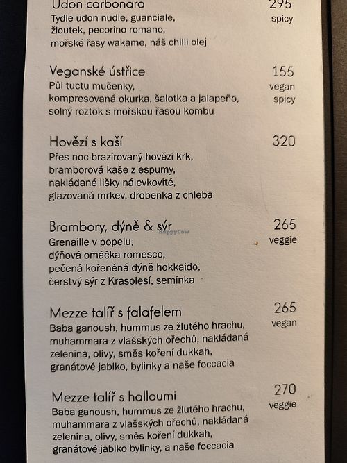 Menu at Informace in Prague