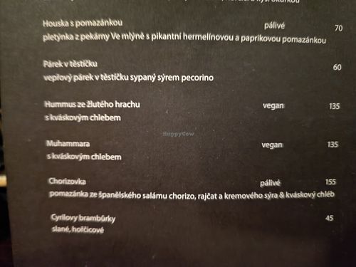 Menu at Informace in Prague