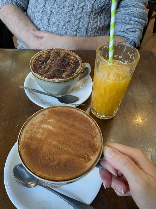 Dirty chai and mocha with soy and oat milk at The Spires Cafe & Restaurant in Oxford