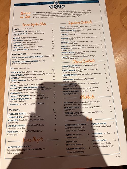 Drink menu  at Vidrio in Raleigh