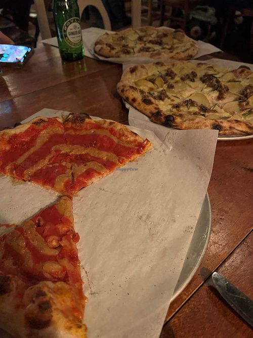 tomato pie and vegan pizza of the week (potato, parsnip cream, caramelized leeks, pine nut and hazelnut agrodolce) at Tinder Hearth in Brooksville