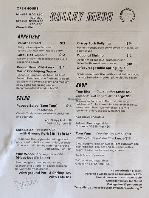 Menu front. Many labeled vegan & vegetarian options. Current as of January 2026. at Galley Bend in Bend