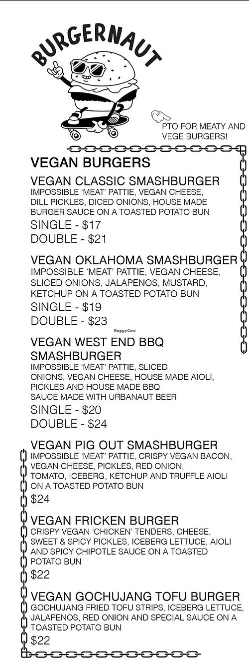 Vegan menu  at Urbanaut Brewery and Taproom in Auckland